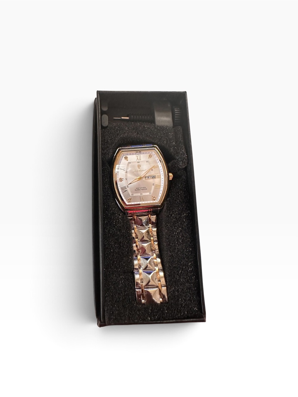 POEDAGAR Men’s Rose Gold Champagne Dial Day Date Quartz Watch